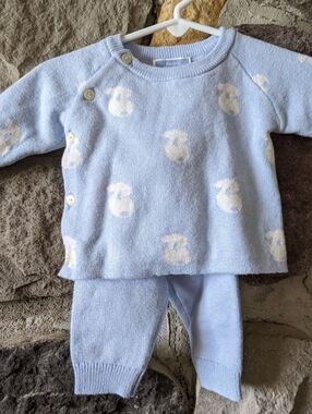 Jacadi Paris Light Blue Baby Knit Set with White Bunny Motif